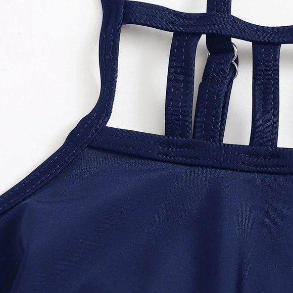 Navy Flounce Tropical High Waisted Swimsuit - Picture 3 of 4